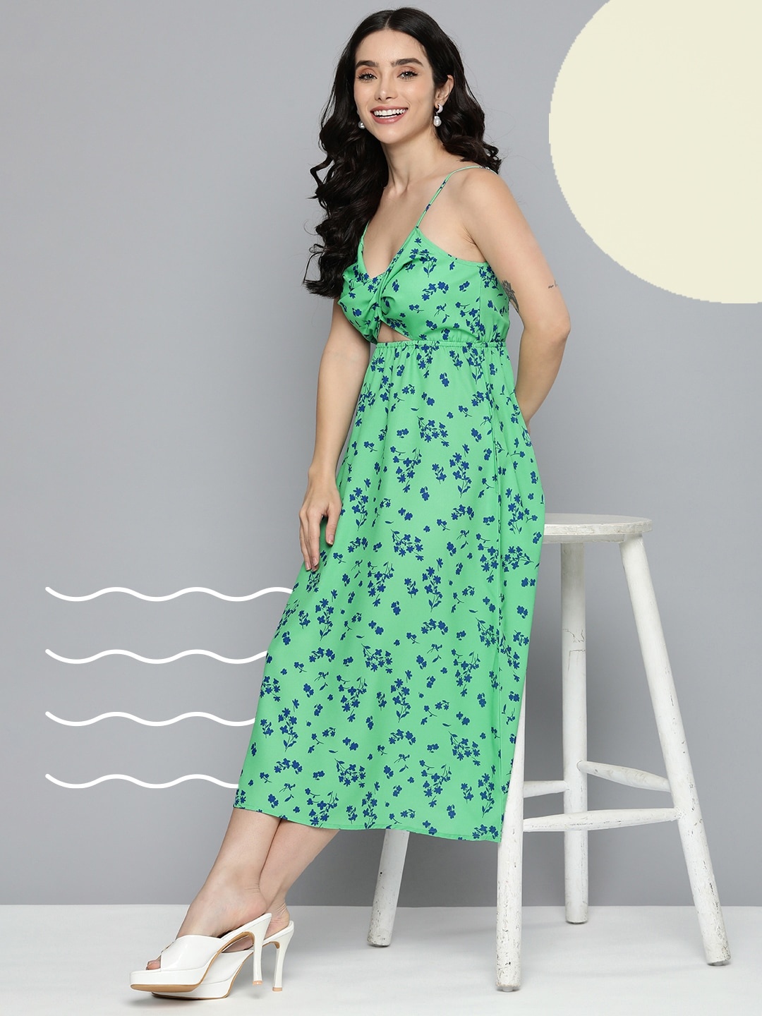 

Mast & Harbour Floral Empire Midi Dress With Cut Out Details, Green