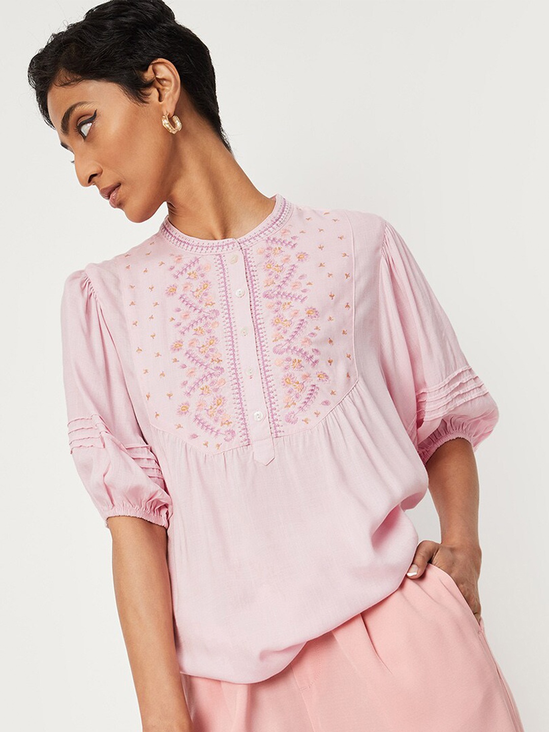 

max Pink Mandarin Collar Top