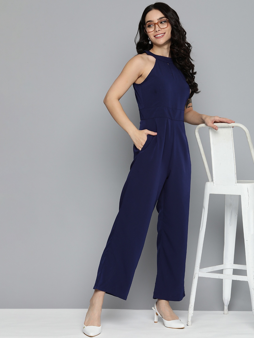 

Mast & Harbour Keyhole Neck Sleeveless Basic Jumpsuit, Navy blue