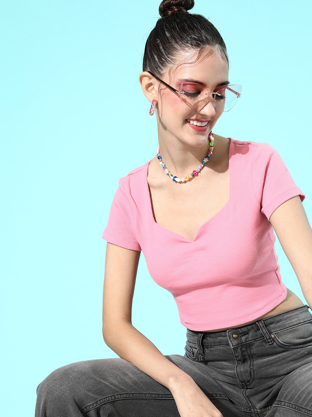 

Mast & Harbour Sweetheart Neck Crop Top, Pink