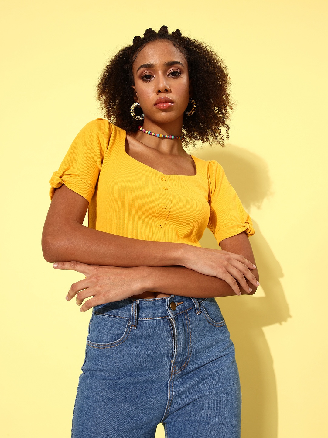

Mast & Harbour Mustard Yellow Self-Design 90's Hollaback Scoop Neck It Is Ribbed Top
