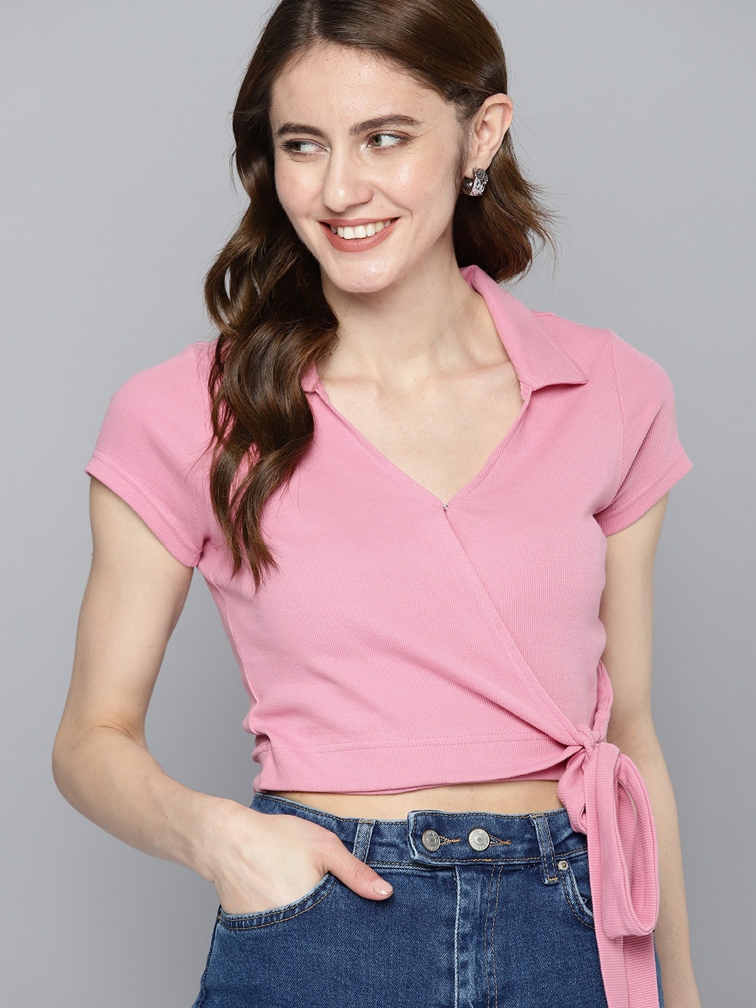 

Mast & Harbour Ribbed Finish Wrap Crop Top, Pink