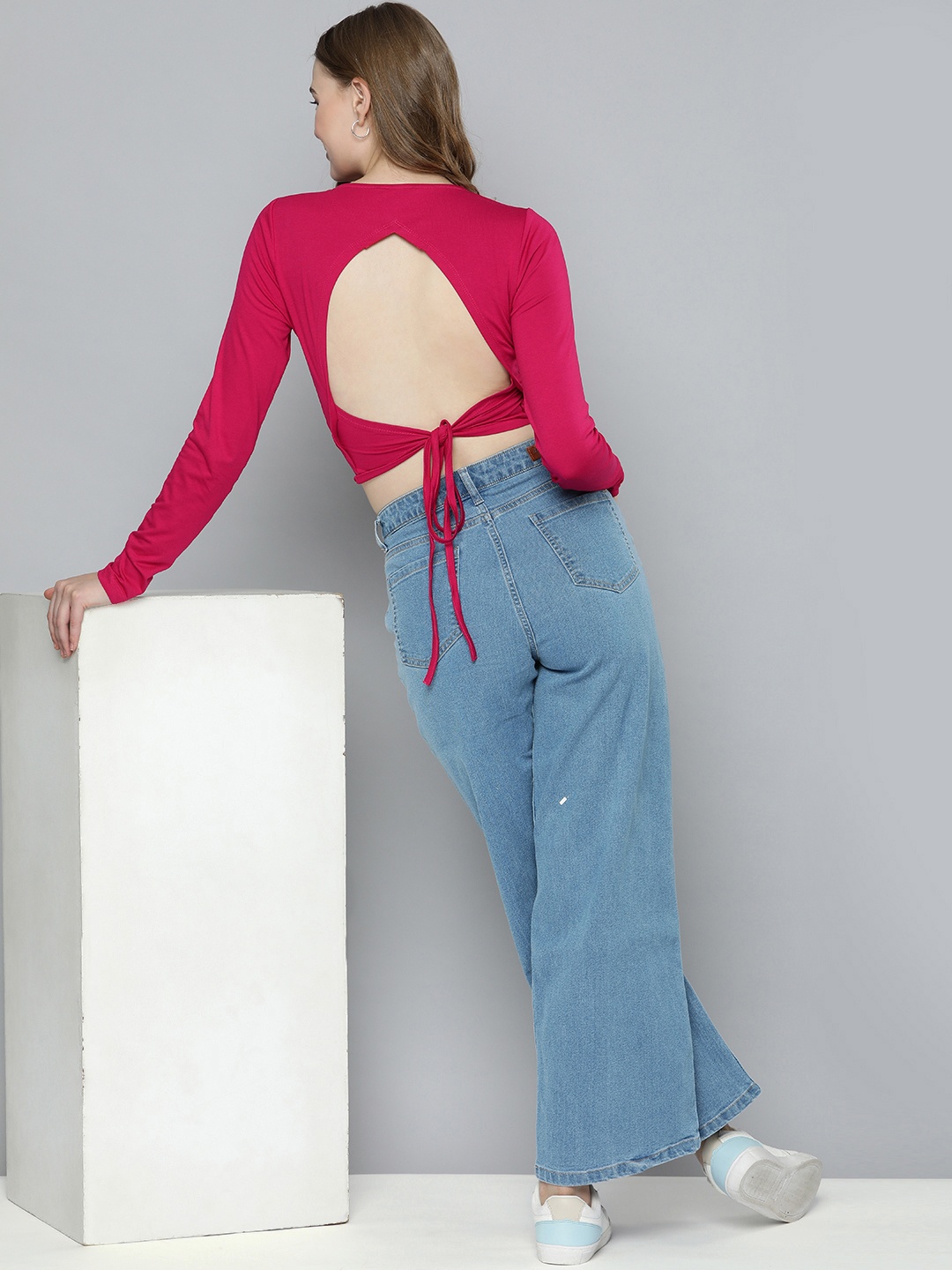 

Mast & Harbour Round Neck Long Sleeves Styled Back Cropped Top With Tie-Up Closure, Magenta