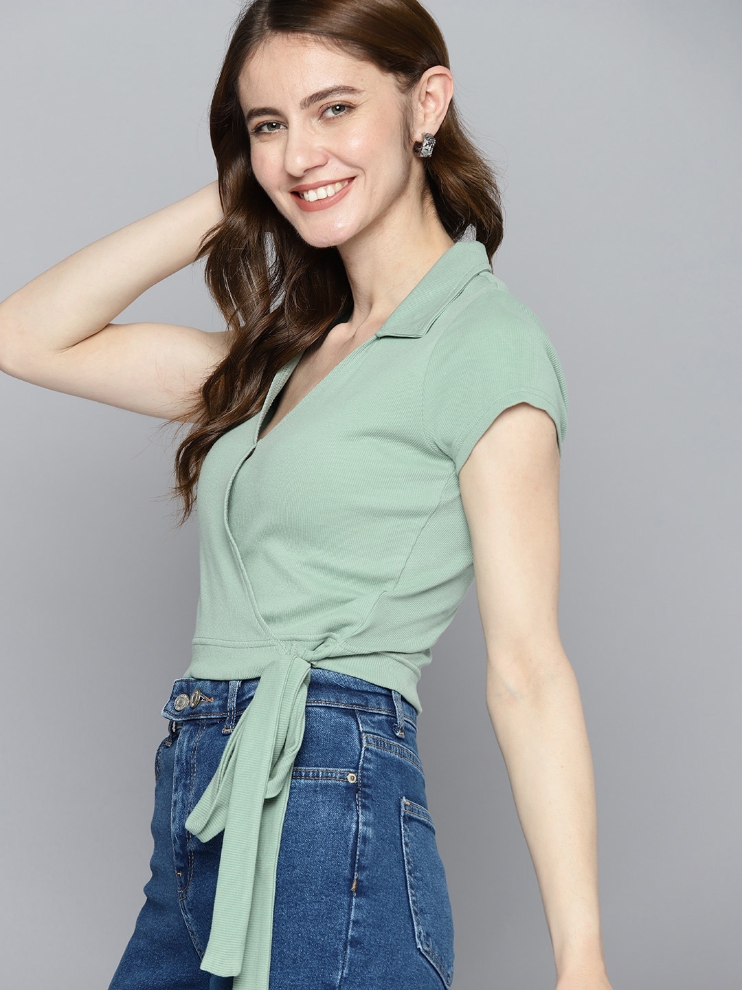 

Mast & Harbour Ribbed Finish Wrap Crop Top, Green