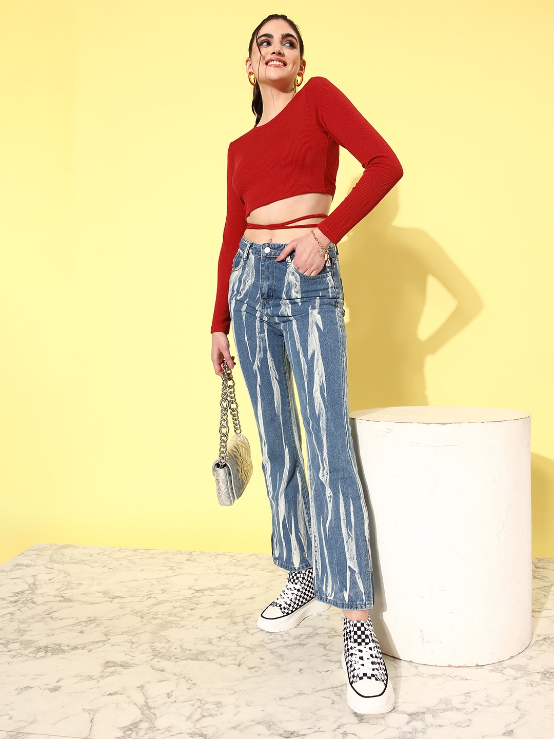

Mast & Harbour Self Design Styled Back Crop Top, Red