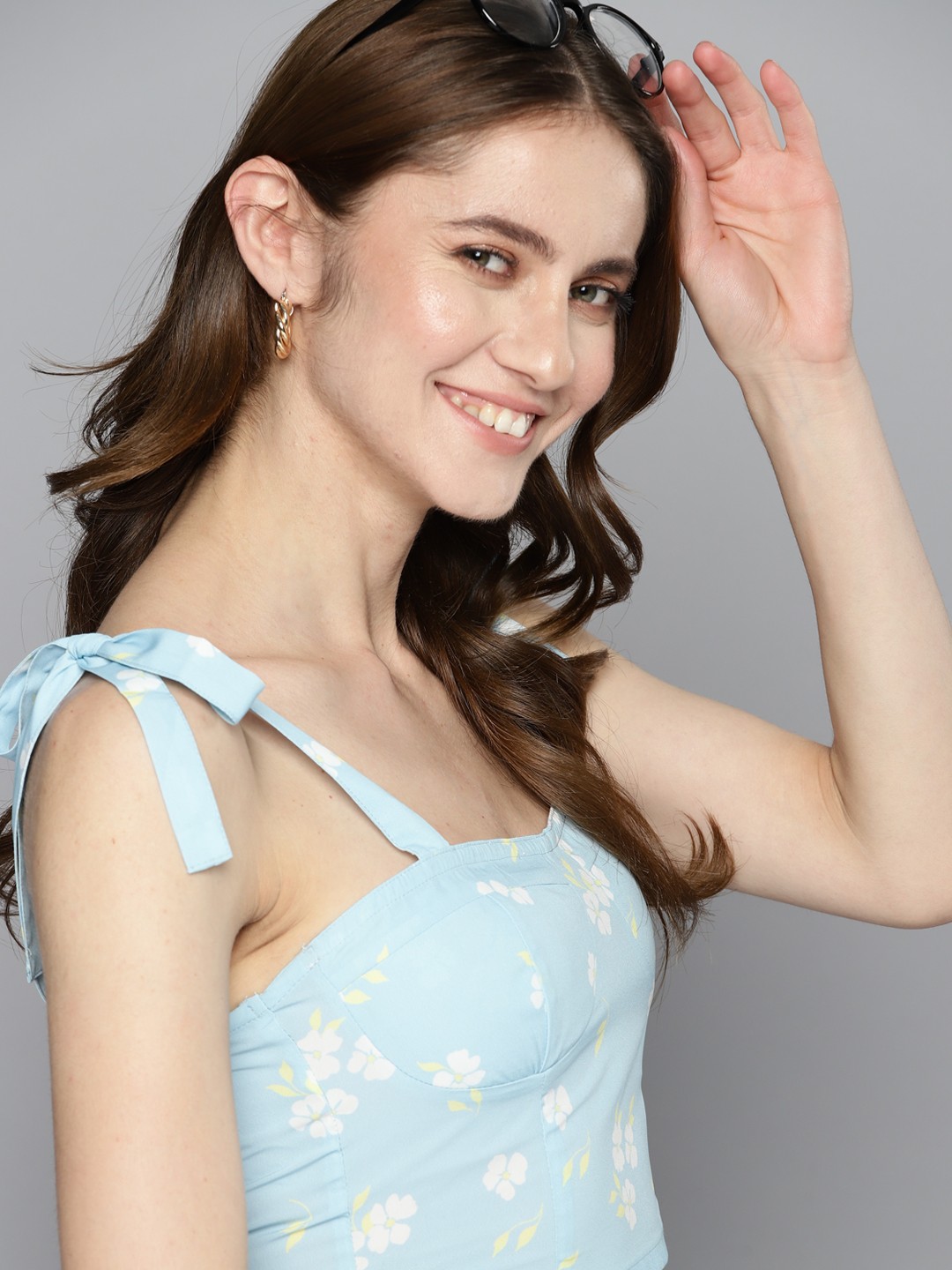 

Mast & Harbour Floral Print Tie-Up Neck Shoulder Strap Smocked Crop Top, Blue