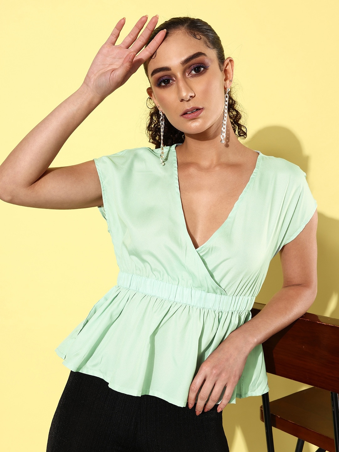 

Mast & Harbour Meadow Mist Green Extended Sleeves Romance Ramble Wrapped Again Peplum Top