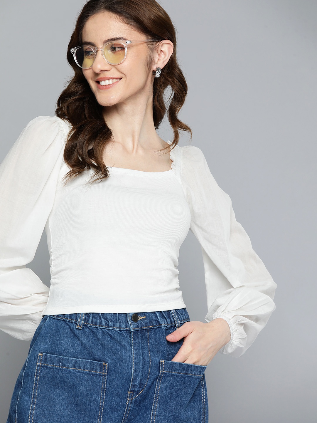 

Mast & Harbour Long Puffed Sleeves Ruched Detailed Fitted Top, White