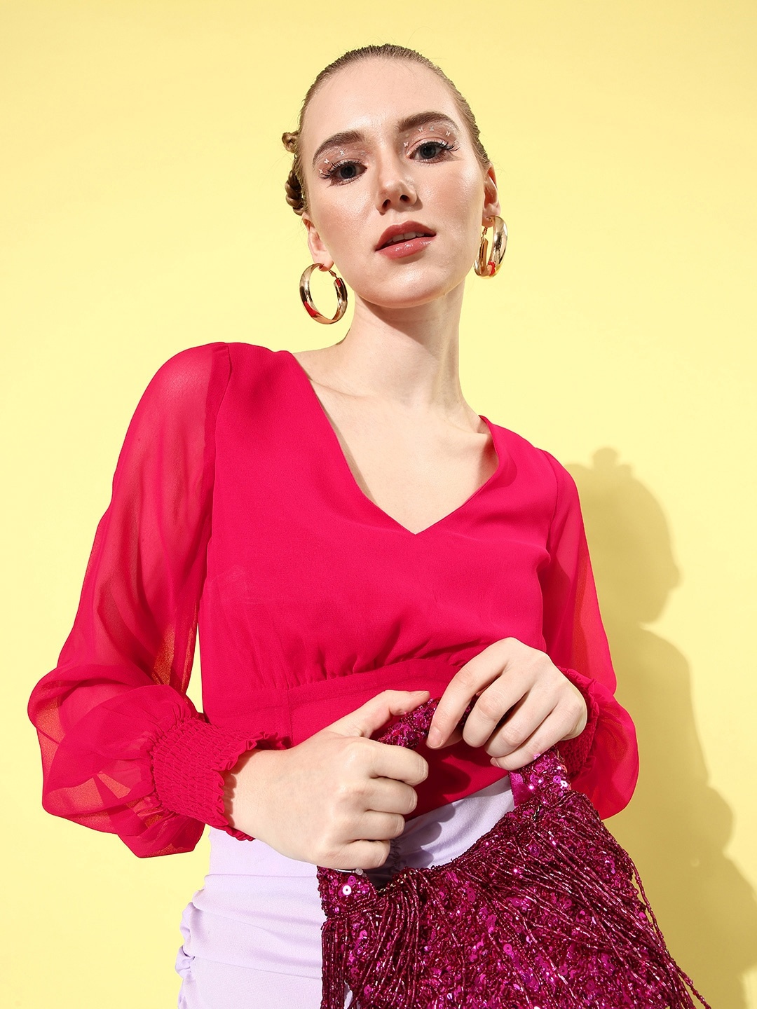 

Mast & Harbour Fuchsia Pink 90's Hollaback Cutout Course Bishop Sleeves Smocked Crop Top