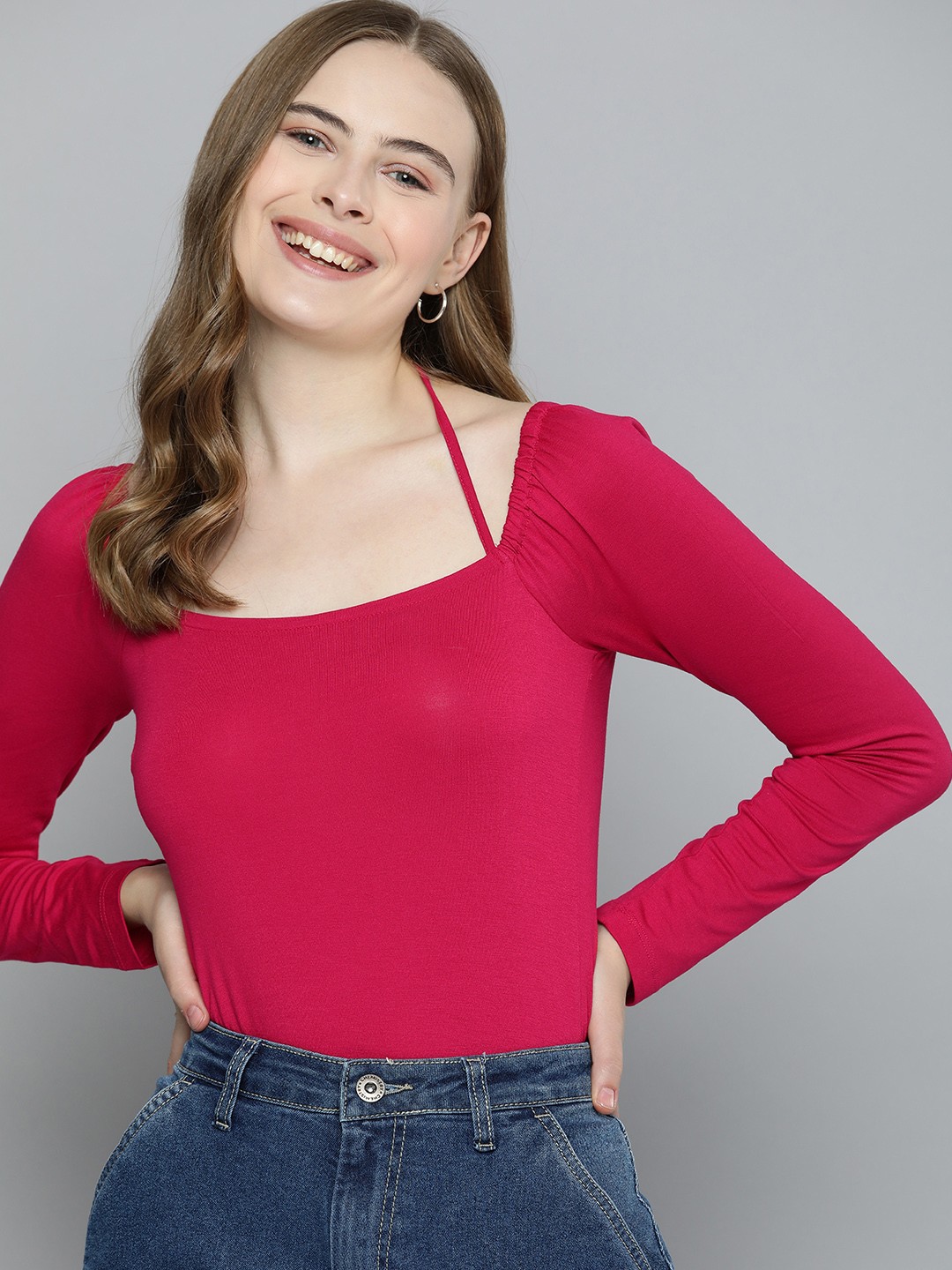 

Mast & Harbour Scoop Neck Long Sleeves Snap Button Closure Bodysuit With Tie-Up Detail, Magenta