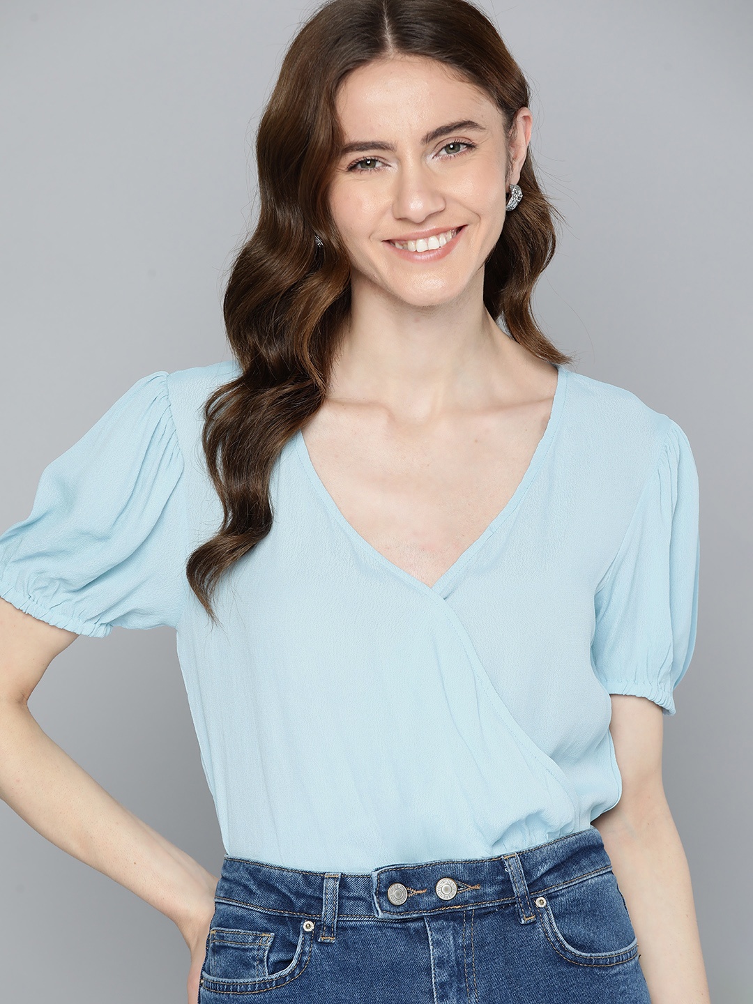 

Mast & Harbour Puff Sleeves Wrap Detailed Bodysuit, Blue