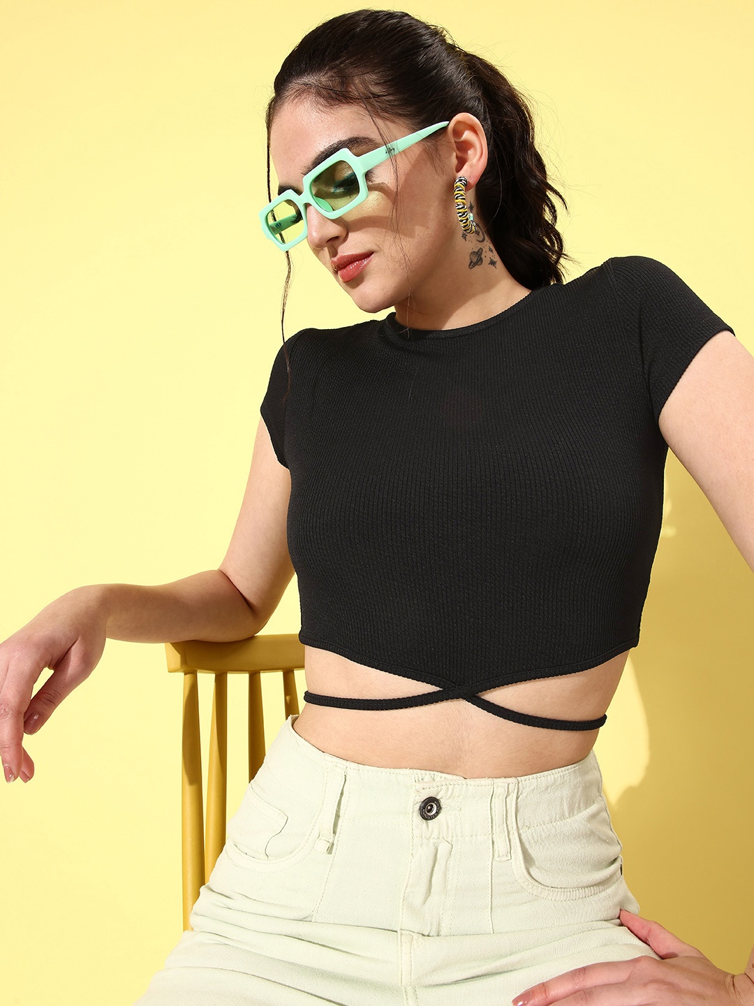 

Mast & Harbour Round Neck Ribbed Crop Top With Waist Tie-Up Detail, Black
