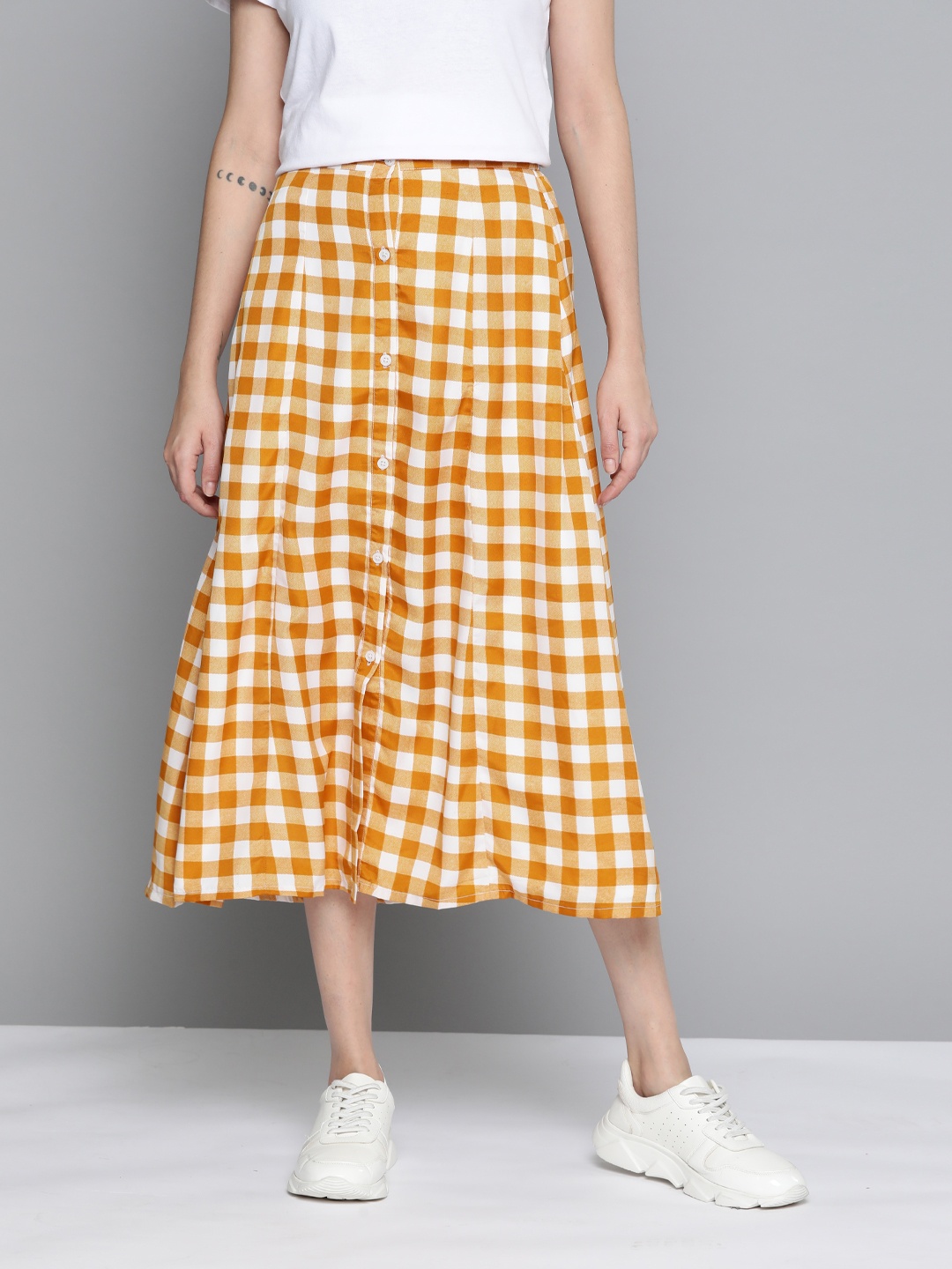 

Mast & Harbour Checked Midi A-Line Skirt, Mustard