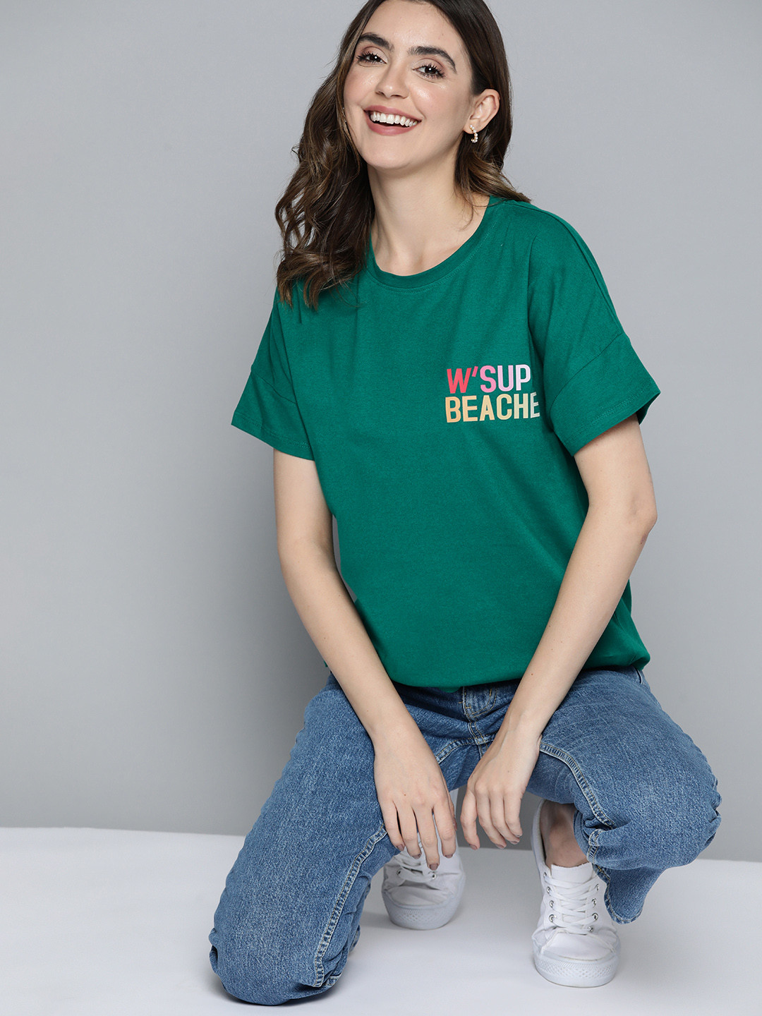 

Mast & Harbour Typography Printed Extended Sleeves Pure Cotton T-shirt, Green