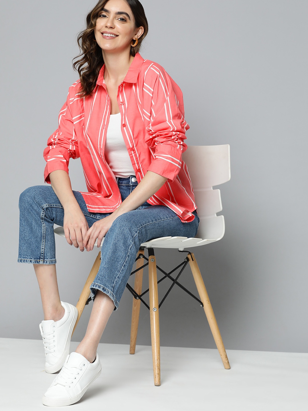 

Mast & Harbour Pure Cotton Oversized Striped Casual Shirt, Coral