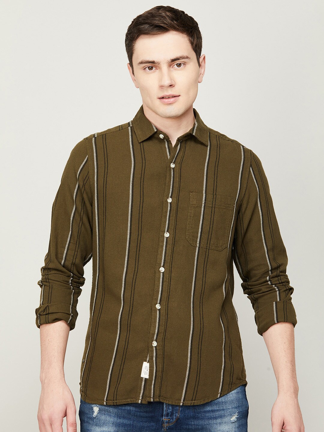 

Forca Men Olive Green Striped Casual Shirt