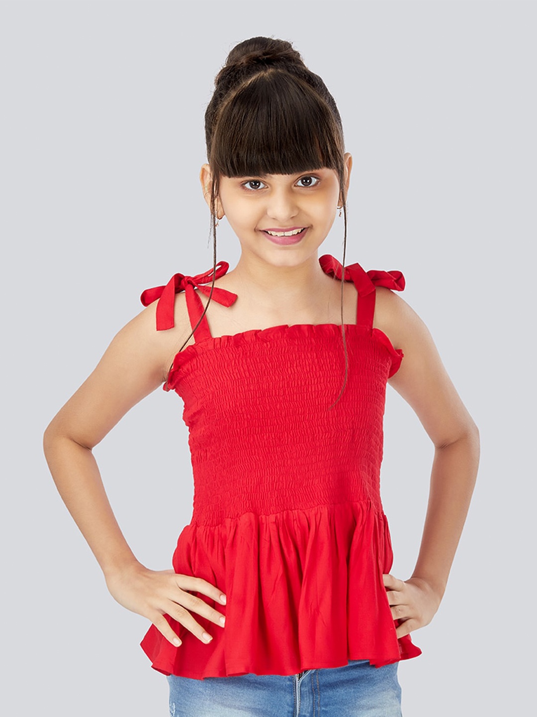 

Olele Red Smocked Peplum Top