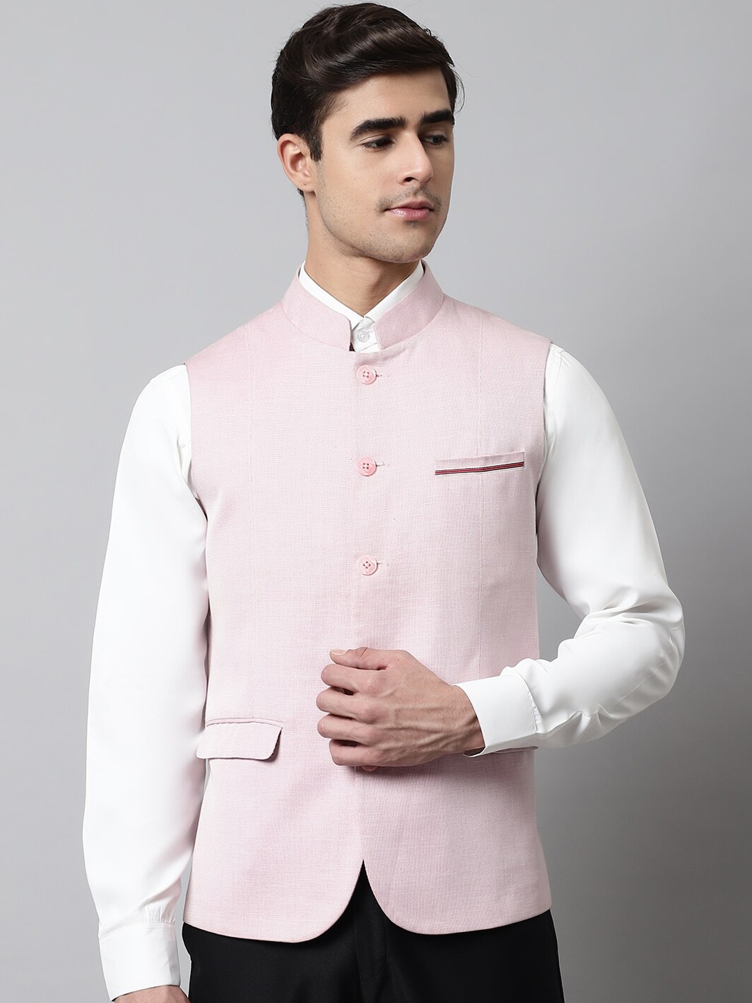 

Cantabil Men Solid Woven Nehru Jacket, Pink