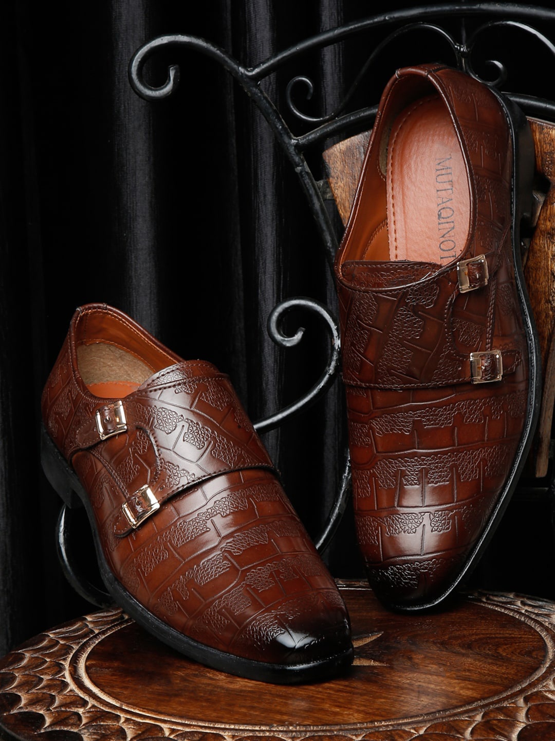 

MUTAQINOTI Men Leather Formal Monks, Brown