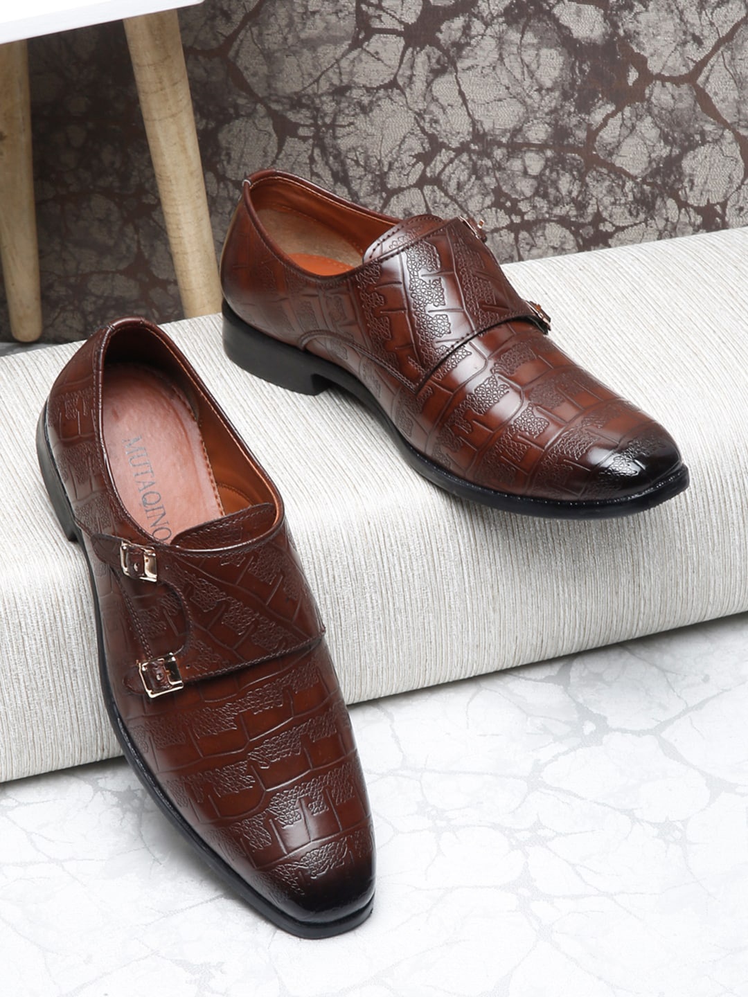 

MUTAQINOTI Men Leather Formal Monks, Brown