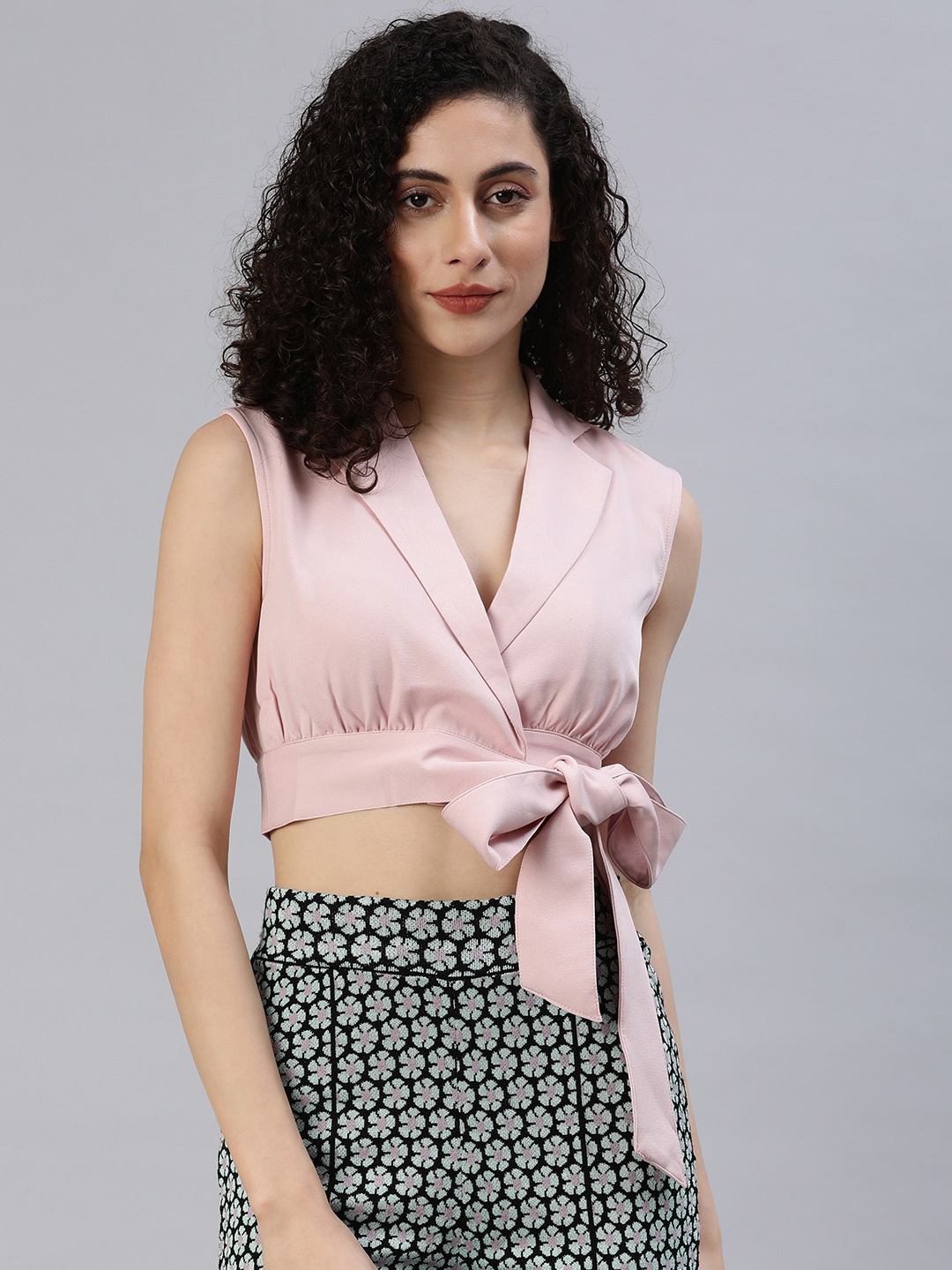 

London Rag Solid Waist Tie-Ups Wrap Crop Top, Pink