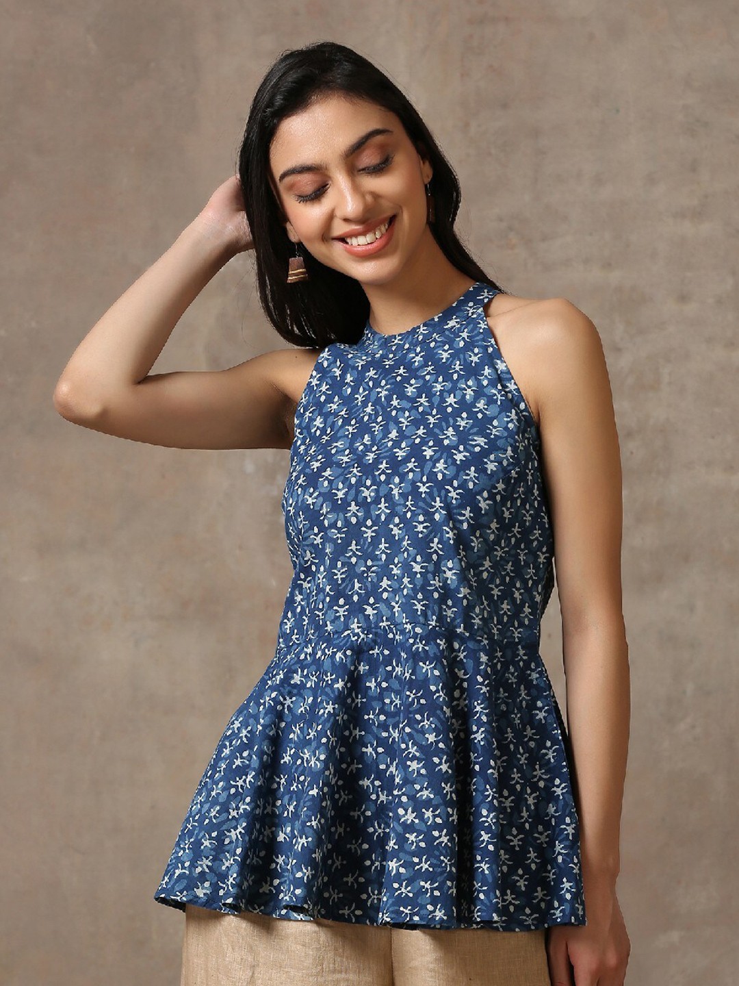 

OKHAI Blue Geometric Print Peplum Top