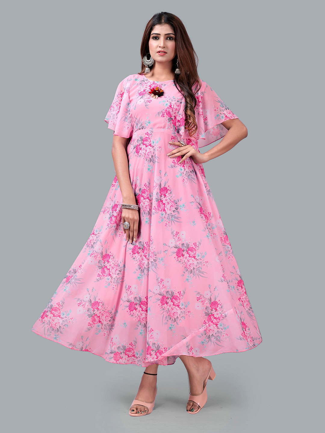 

Fashion FRICKS Pink Floral Georgette Maxi Maxi Dress