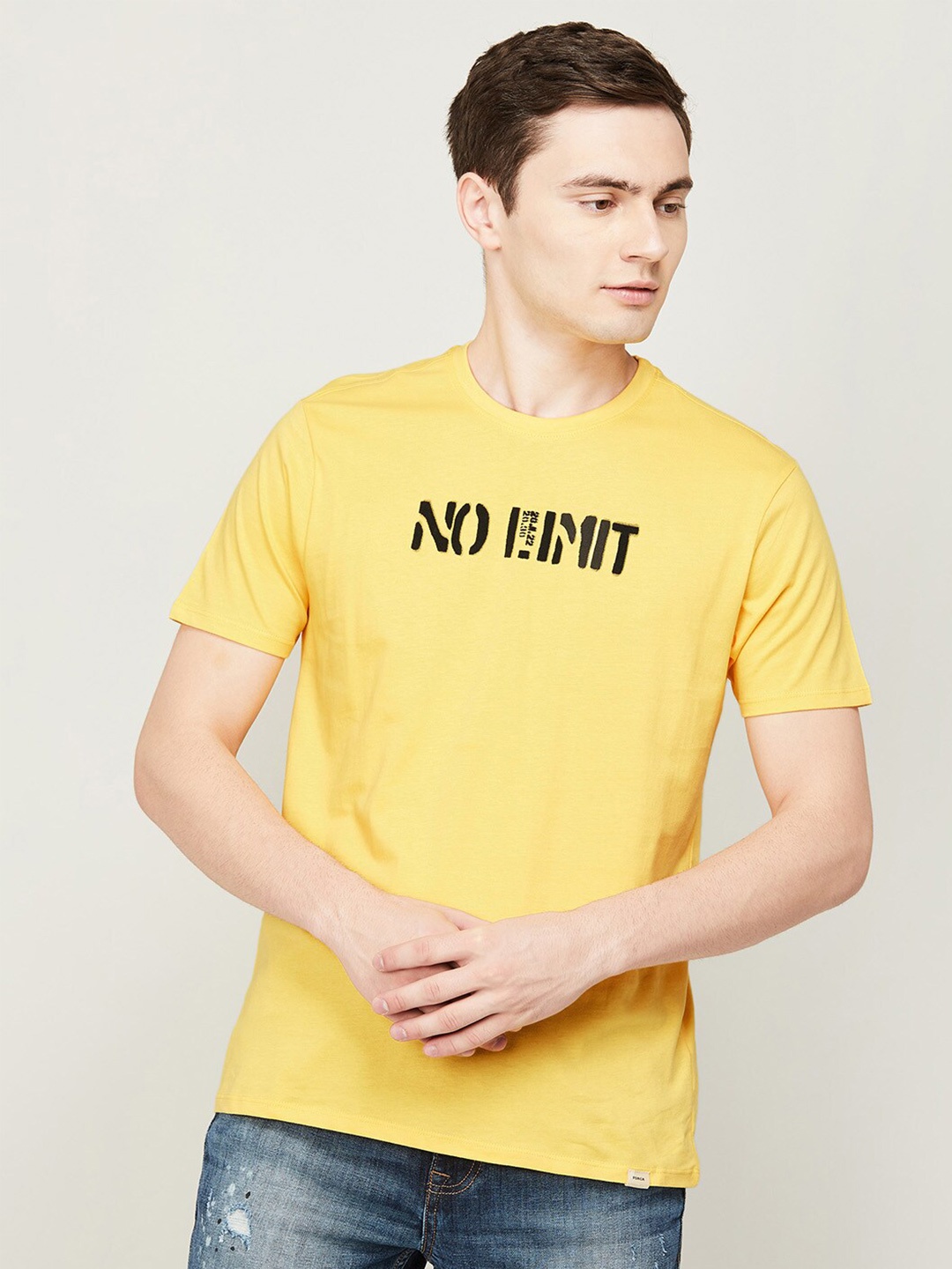 

Forca Men Yellow Typography Printed Applique T-shirt