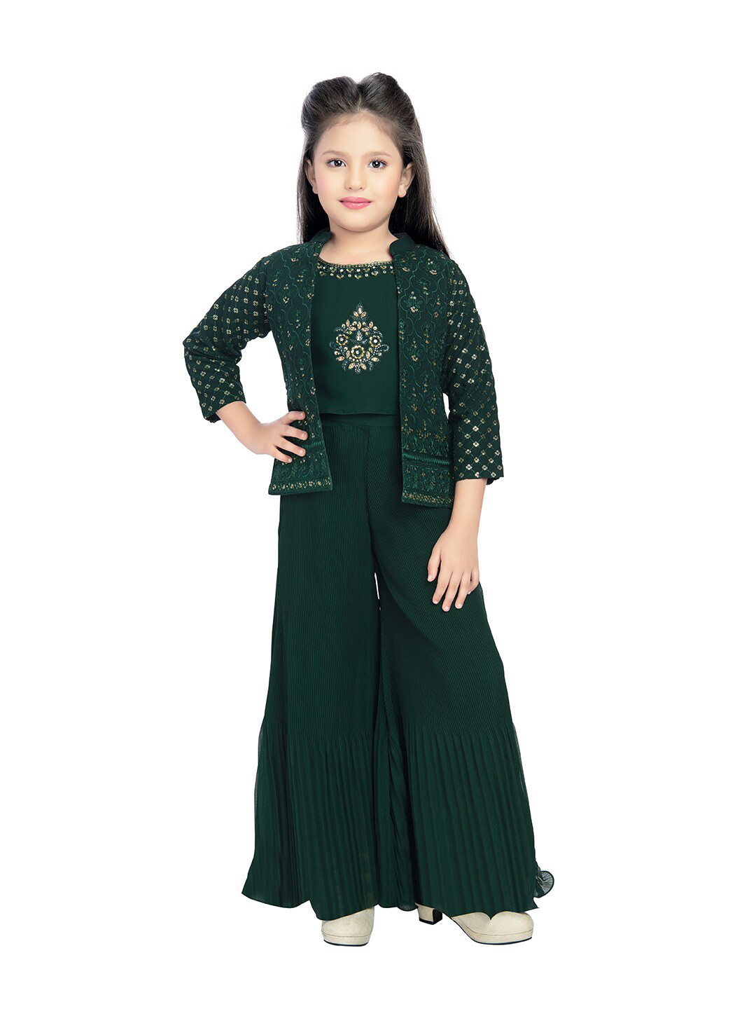 

BETTY Girls Embellished Top with Palazzos & Jacket, Green