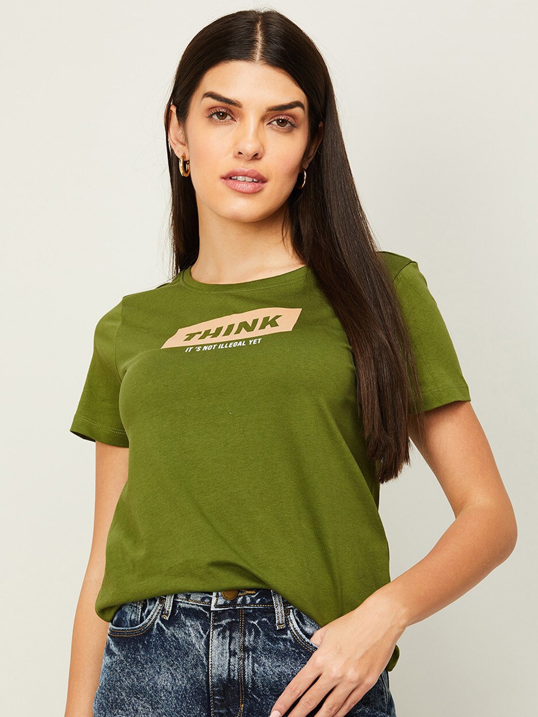 

Fame Forever by Lifestyle Women Olive Green Typography T-shirt