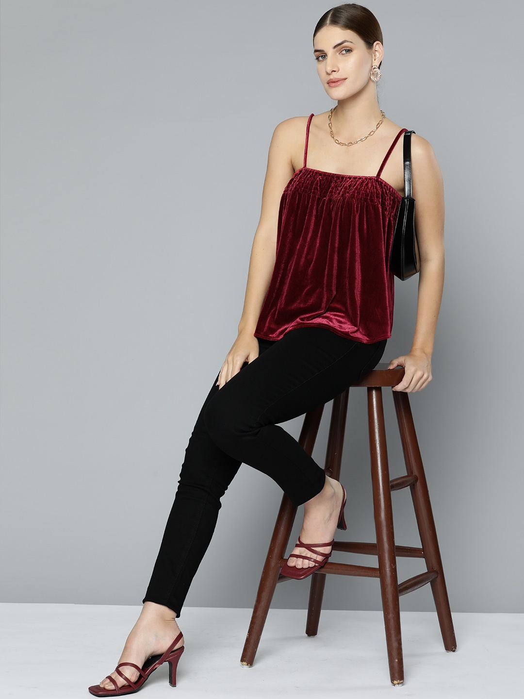 

Chemistry Shoulder Straps Smocked Detailed Velvet-Finish Top, Maroon