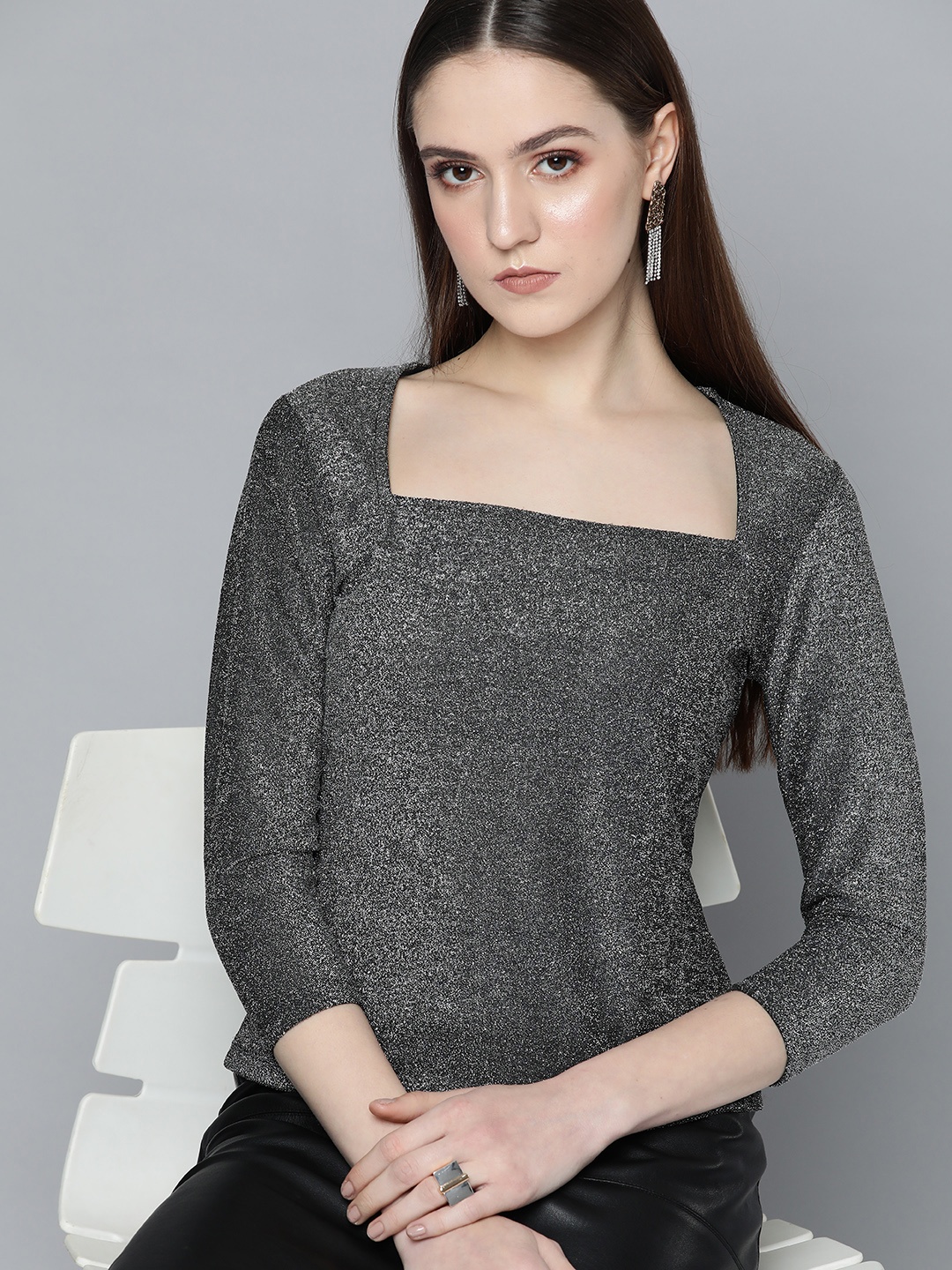 

Chemistry Square Neck Shimmery Detailed Regular Top, Charcoal