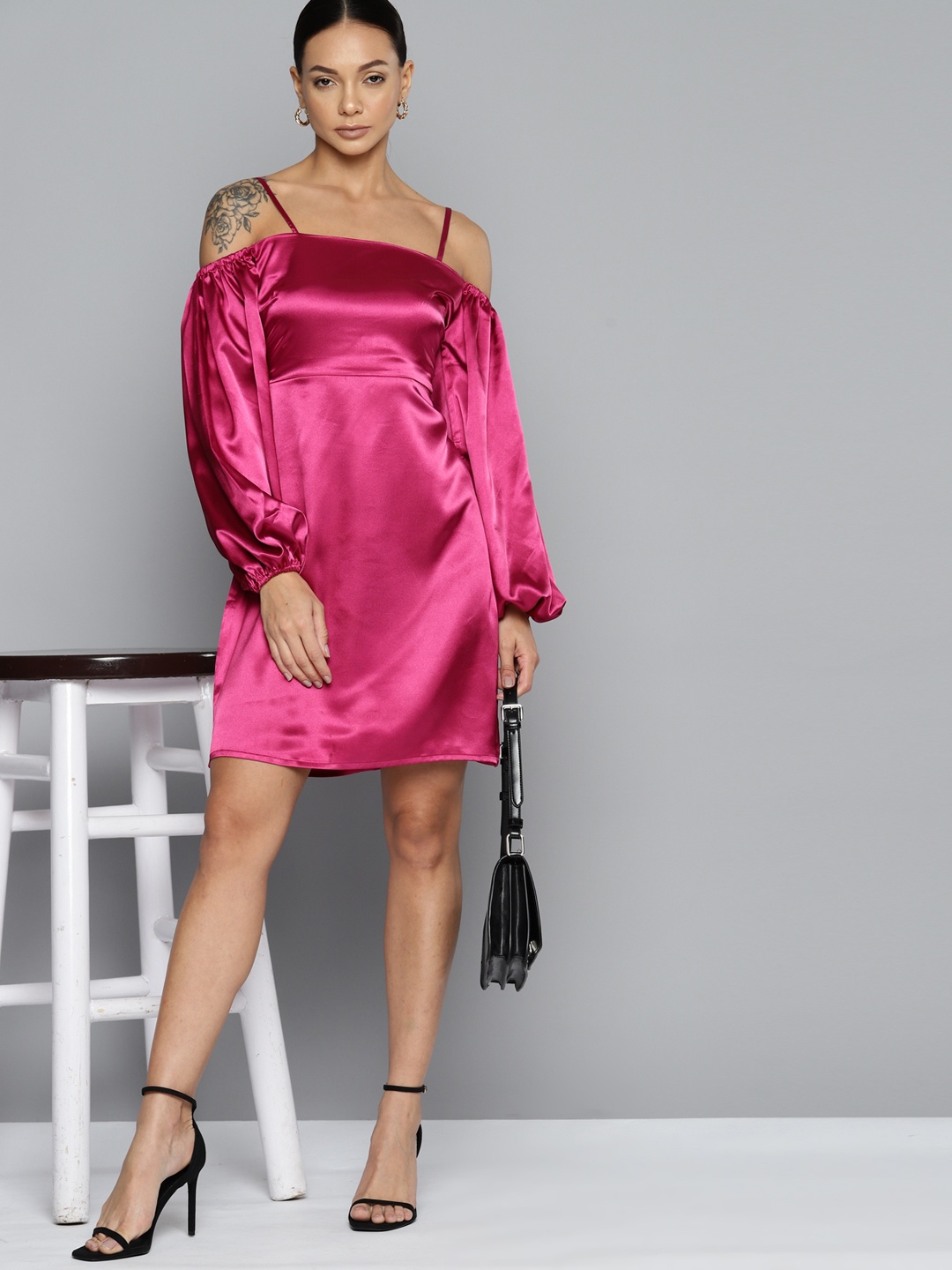 

Chemistry Off-Shoulder Puff Sleeve Satin A-Line Dress, Pink