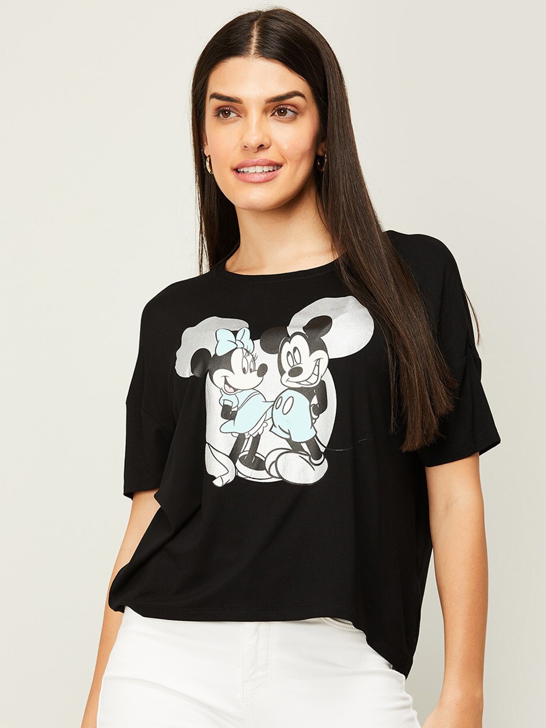 

Ginger by Lifestyle Women Black Printed Extended Sleeves Applique T-shirt