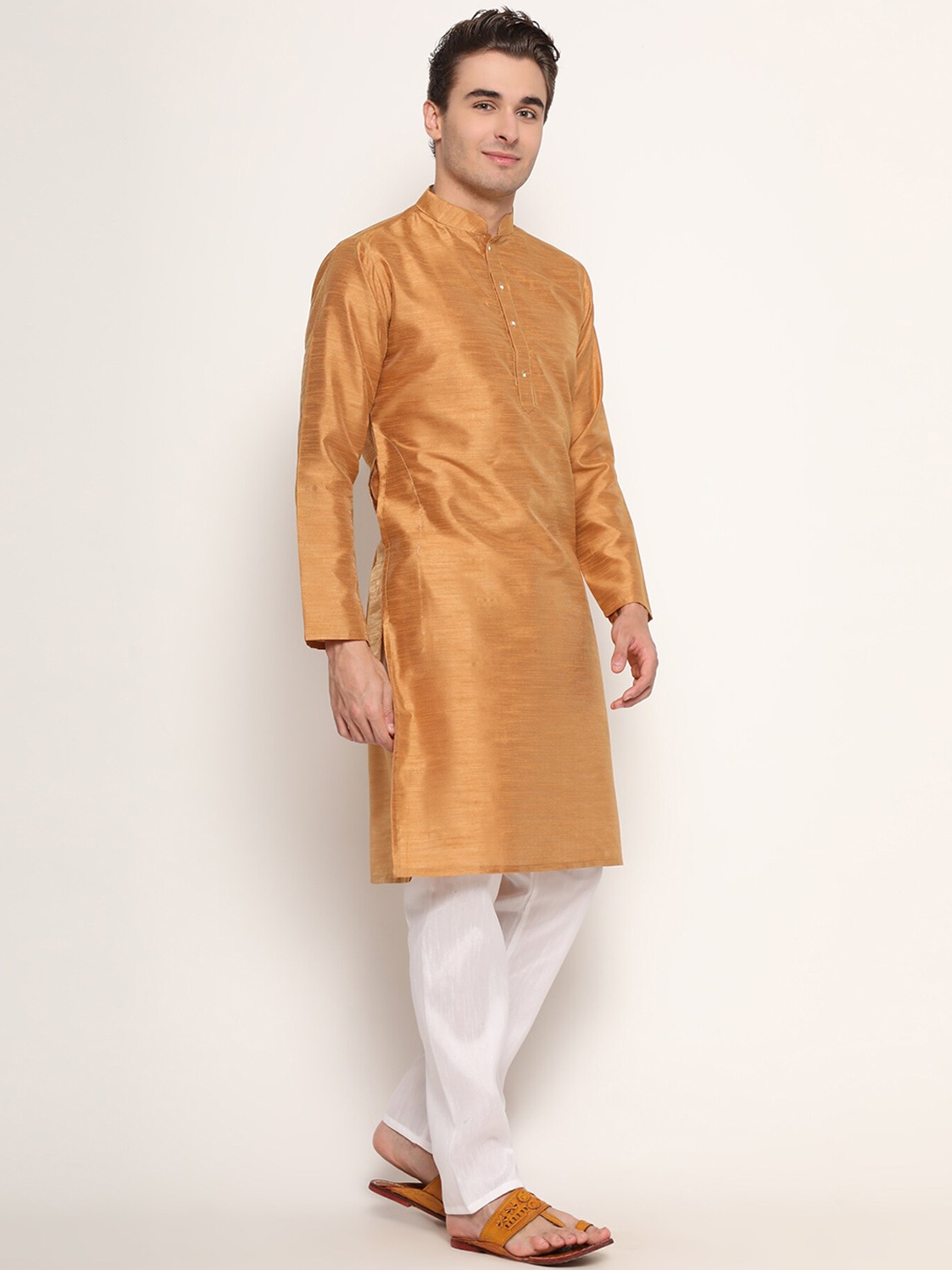 

GoStyle Mandarin Collar Dupion Silk Kurta with Pyjamas, Gold