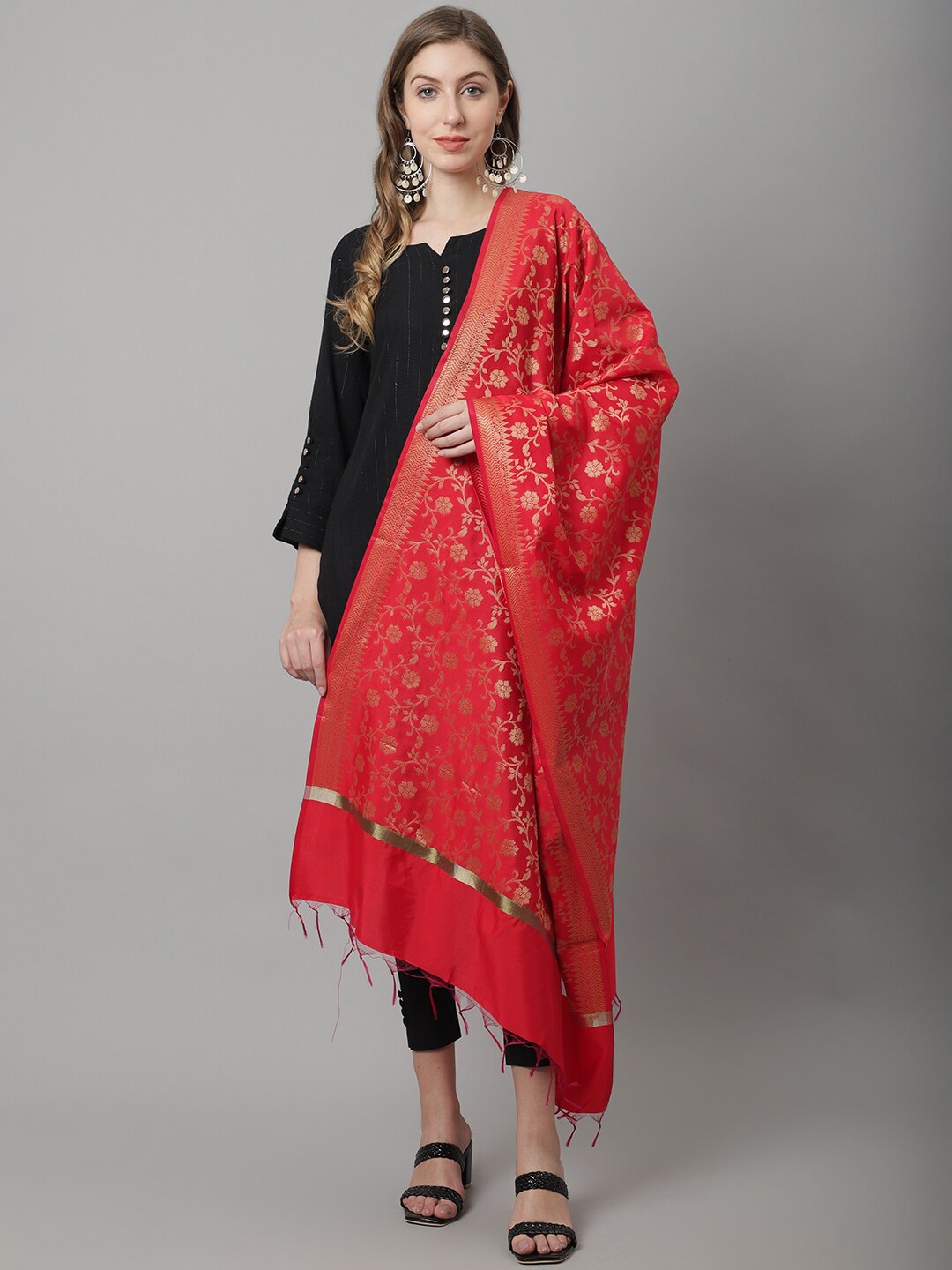 

LOOM LEGACY Woven Design Art Silk Dupatta with Zari, Red