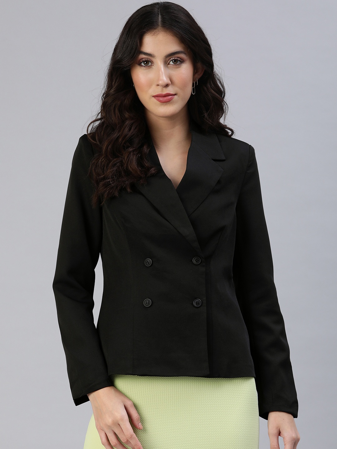 

London Rag Women Solid Double-Breasted Blazer, Black