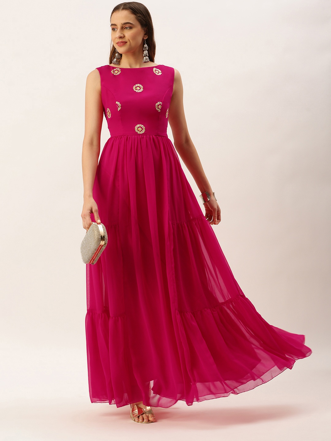 

Ethnovog Pink Embellished Georgette Ethnic A-Line Maxi Dress