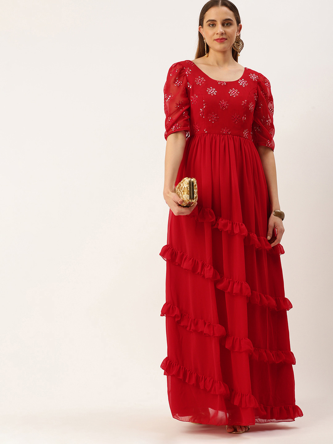 

Ethnovog Red Embellished Georgette Maxi Dress