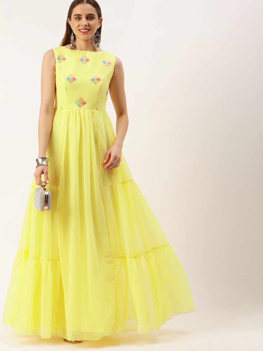 

Ethnovog Yellow Embellished Georgette Ethnic Maxi Dress