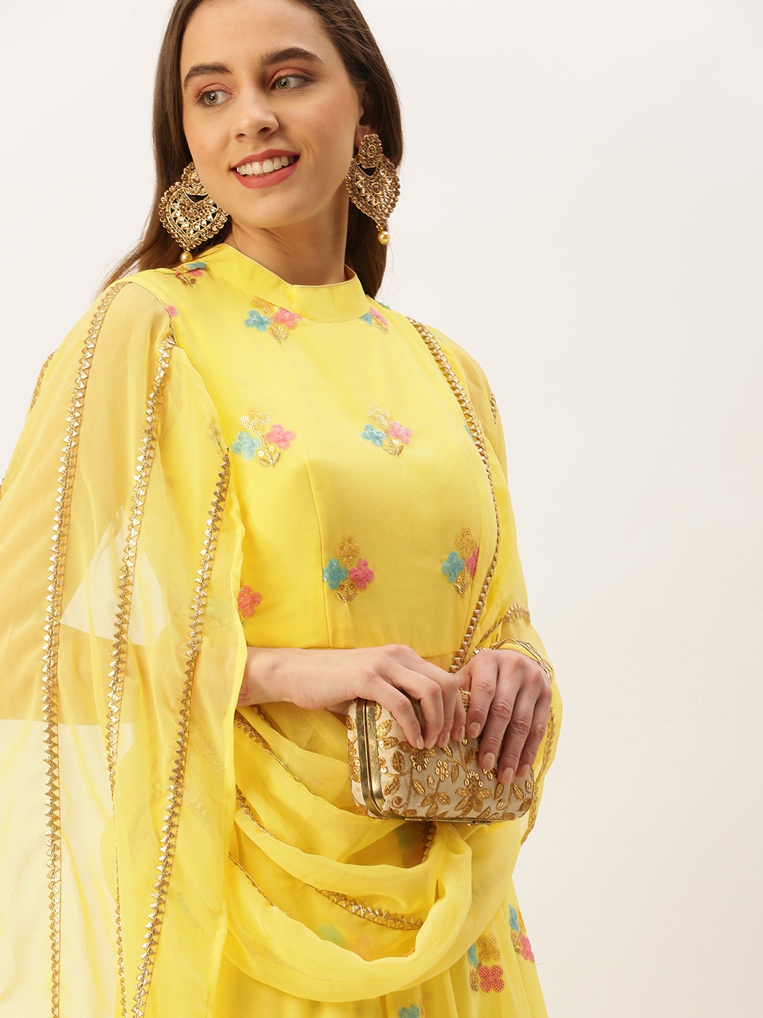 

Ethnovog Yellow Embellished Georgette Maxi Dress