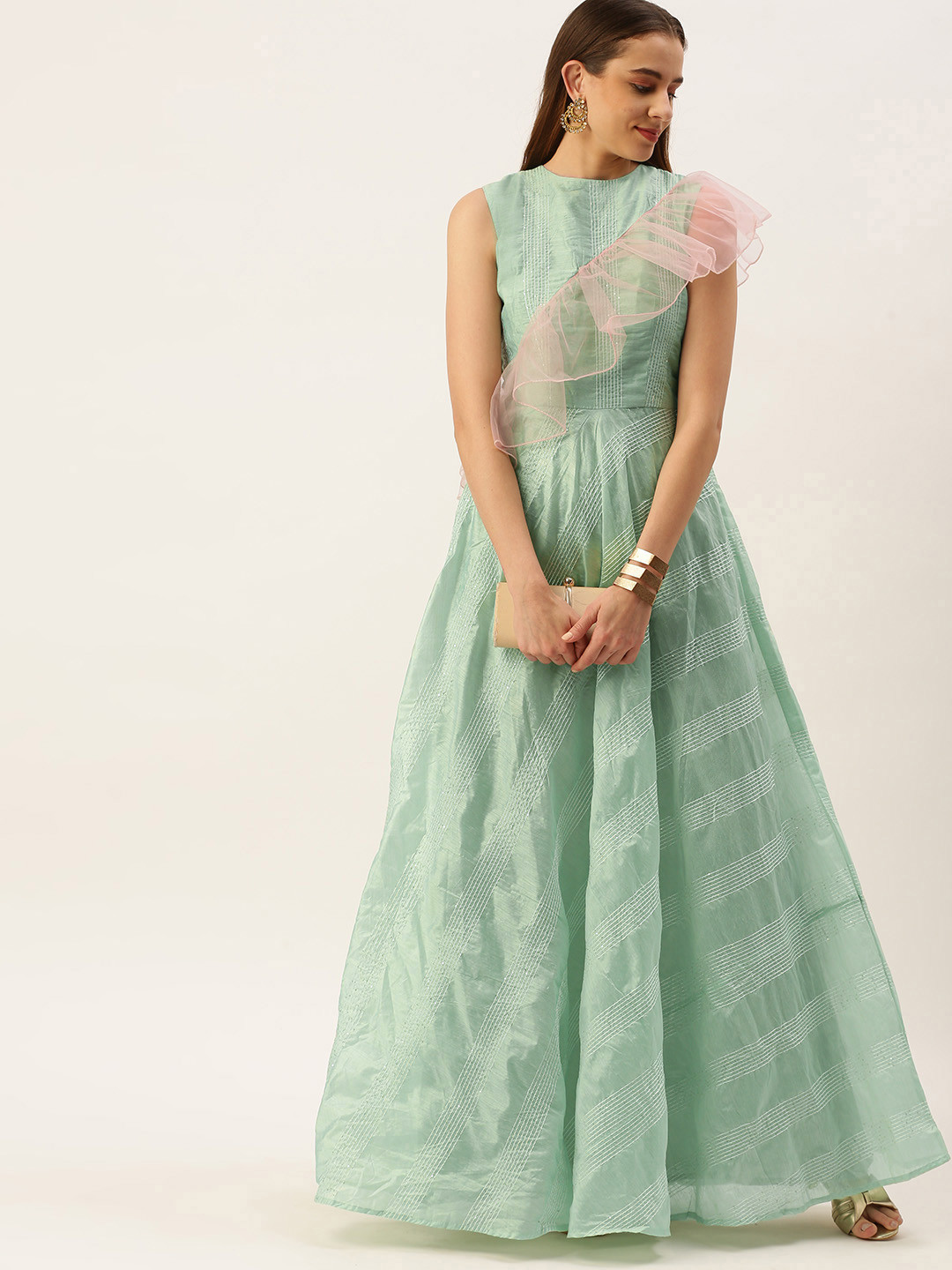 

Ethnovog Green Embroidered Ethnic Maxi Dress with Dupatta