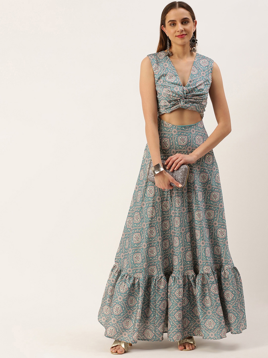 

Ethnovog Blue Ethnic Motifs Satin Ethnic Maxi Dress