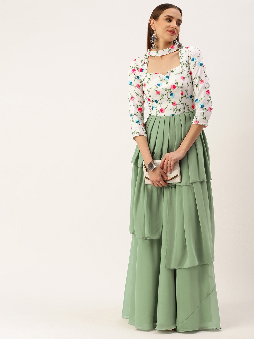 

Ethnovog Green Floral Choker Neck Georgette Ethnic Maxi Dress