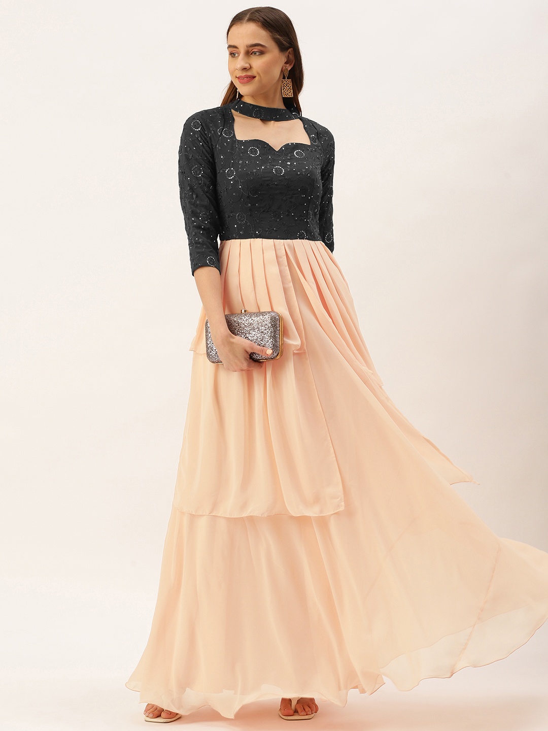 

Ethnovog Peach-Coloured & Black Embellished Choker Neck Georgette Maxi Dress