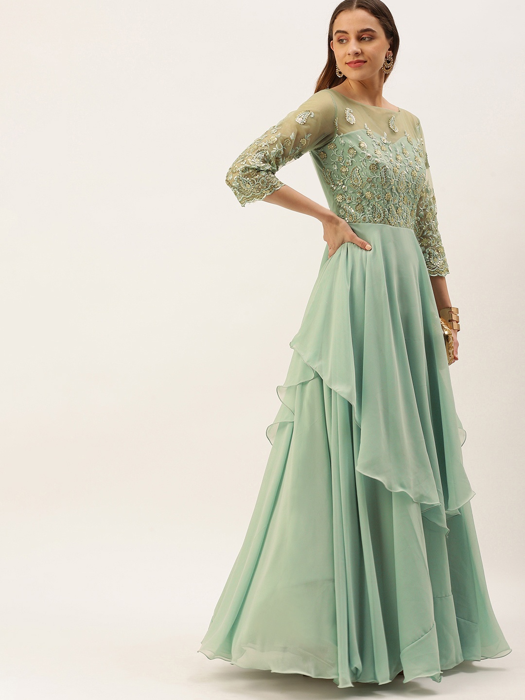 

Ethnovog Green Floral Embroidered Georgette Ethnic Maxi Dress