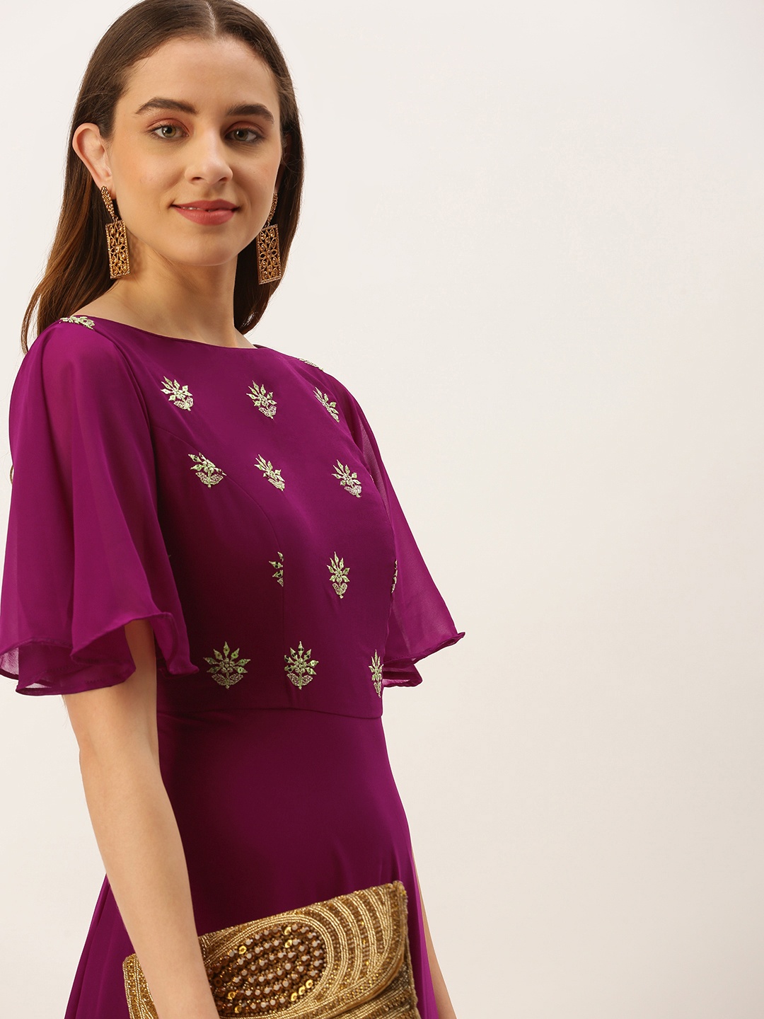 

Ethnovog Embellished Georgette Ethnic Maxi Dress, Burgundy