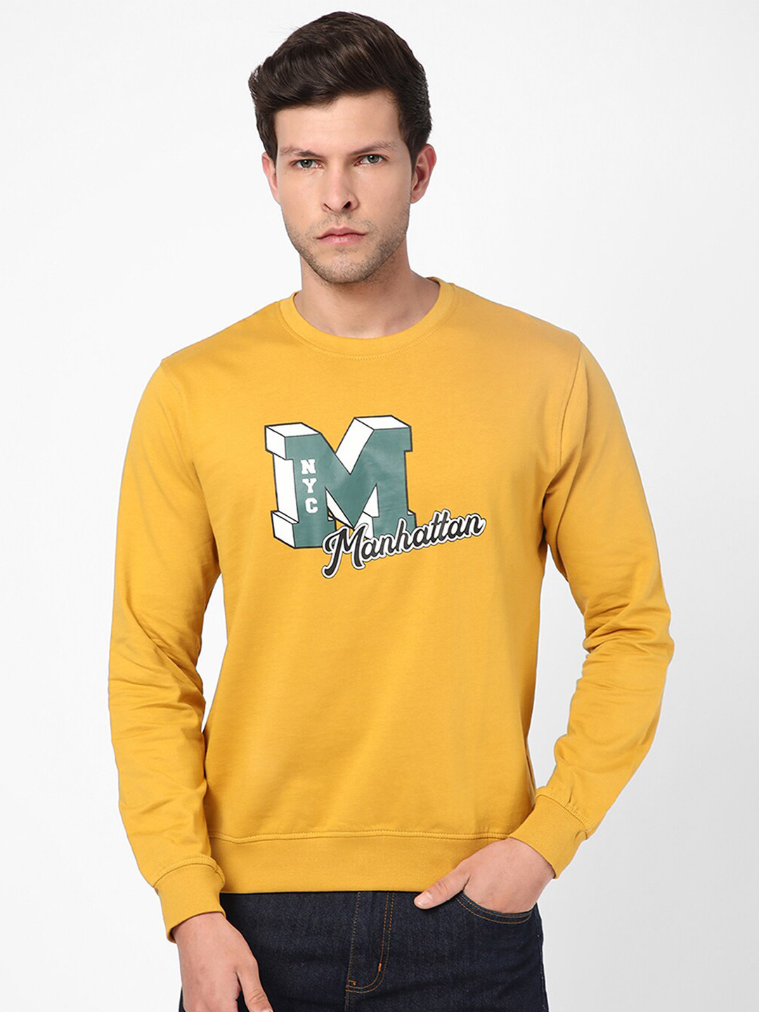 

R&B Men Printed Cotton Sweatshirt, Yellow