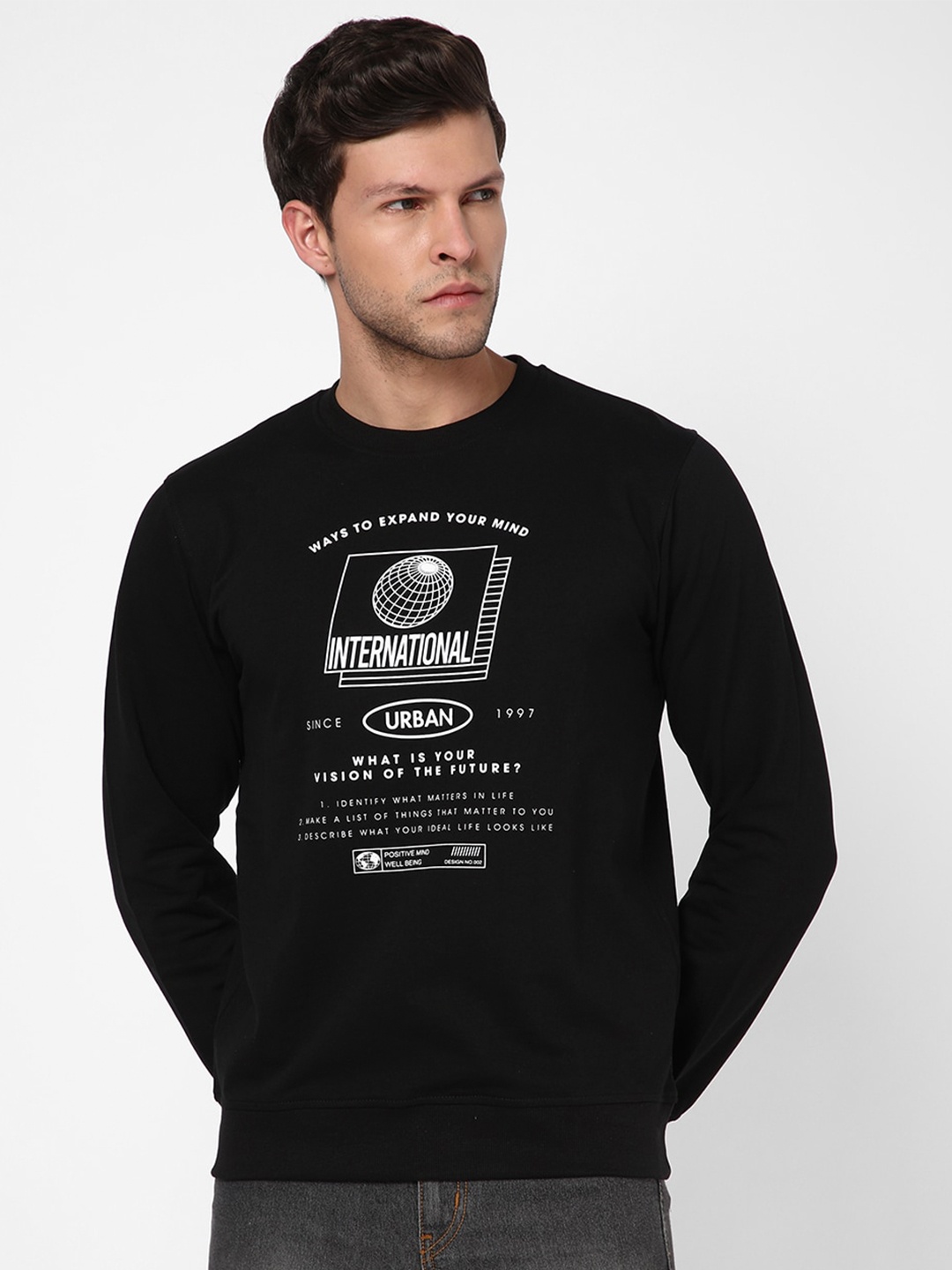 

R&B Men Printed Cotton Sweatshirt, Black