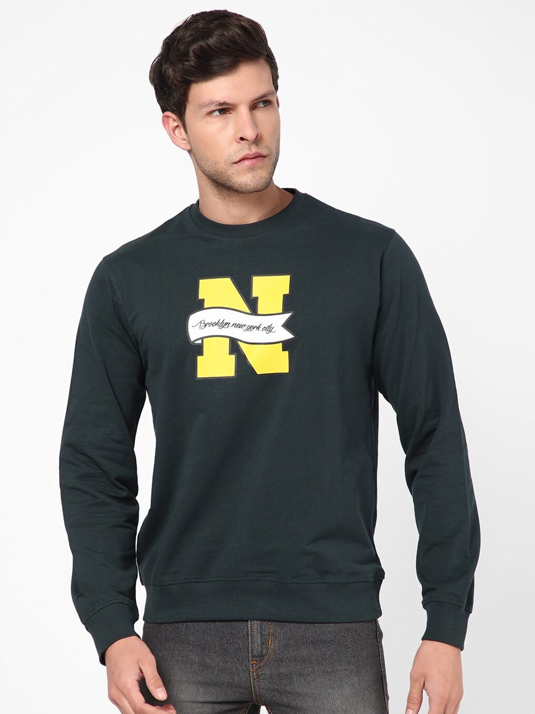 

R&B Men Printed Cotton Sweatshirt, Blue
